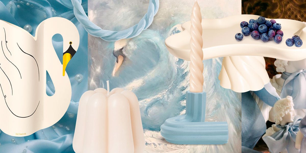 A collage features a swan illustration, pastel candles, a candle in a blue holder, a tray with blueberries, soft blue fabrics