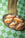 OCTAEVO Almond Croissant Ornament displayed on a silver tray with decorated pastries atop a green checkered cloth.