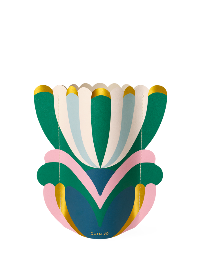 The Elysia Mini Paper Vase by OCTAEVO is a colorful, abstract flower-shaped vase with gold accents and water resistance.