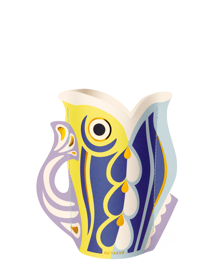 The Fish Mini Paper Vase by OCTAEVO in purple features a colorful abstract fish design and is perfect for Mediterranean centerpieces.
