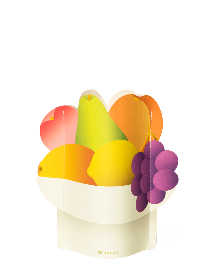 The OCTAEVO Fruit Bowl Mini Paper Vase features colorful paper cutouts of pears, lemons, orange, apple, and grapes.
