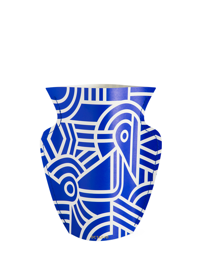 Octaevo Greco Mini Paper Vase: blue, handcrafted, with bold white geometric and bird designs—ideal for Mediterranean decor.