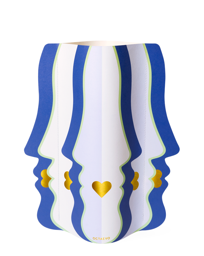 The OCTAEVO Beso Paper Vase features abstract blue and white face profiles with gold hearts—water resistant ceramic art.