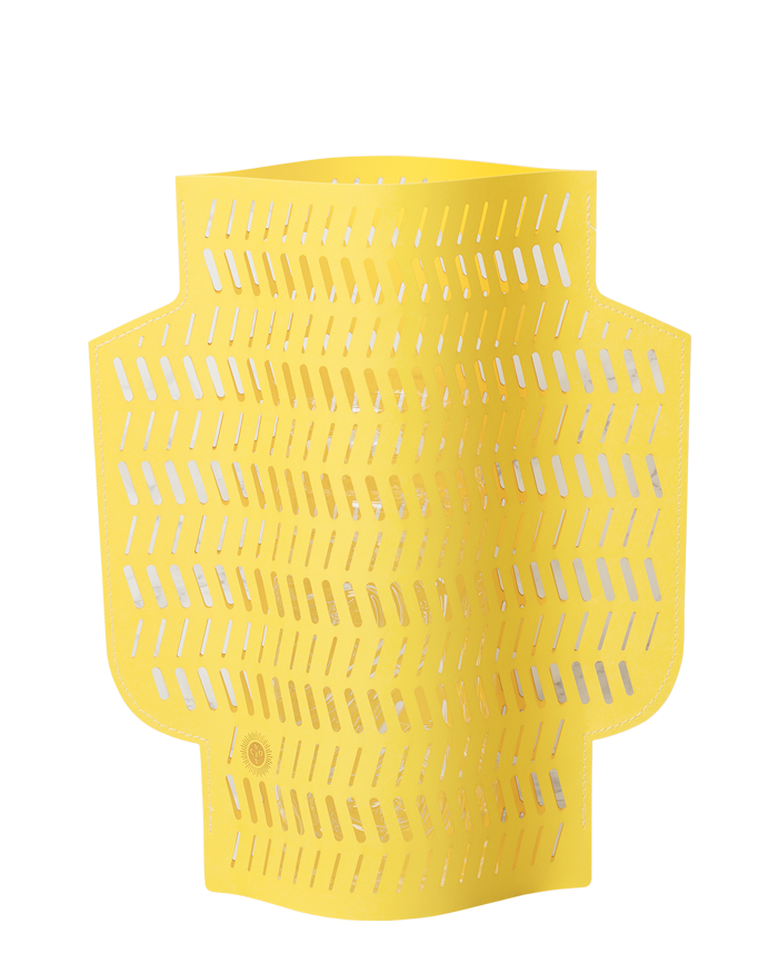 OCTAEVO Dendra Paper Vase: a yellow, flexible, perforated sheet with geometric pattern for Mediterranean decor.