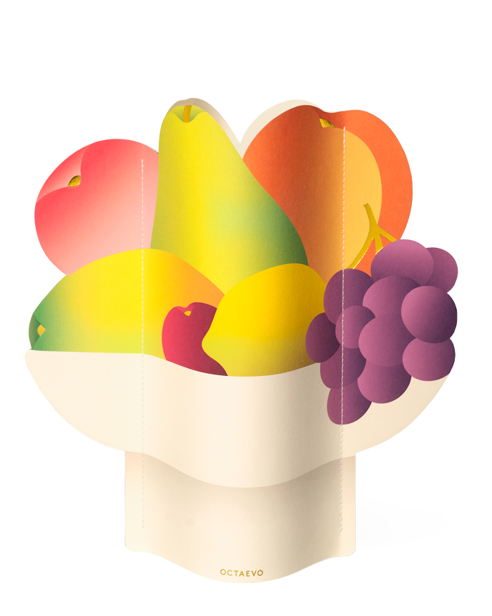 OCTAEVO Fruit Bowl Paper Vase: a white centerpiece, vibrantly adorned with grapes, pears, peaches, and lemon.