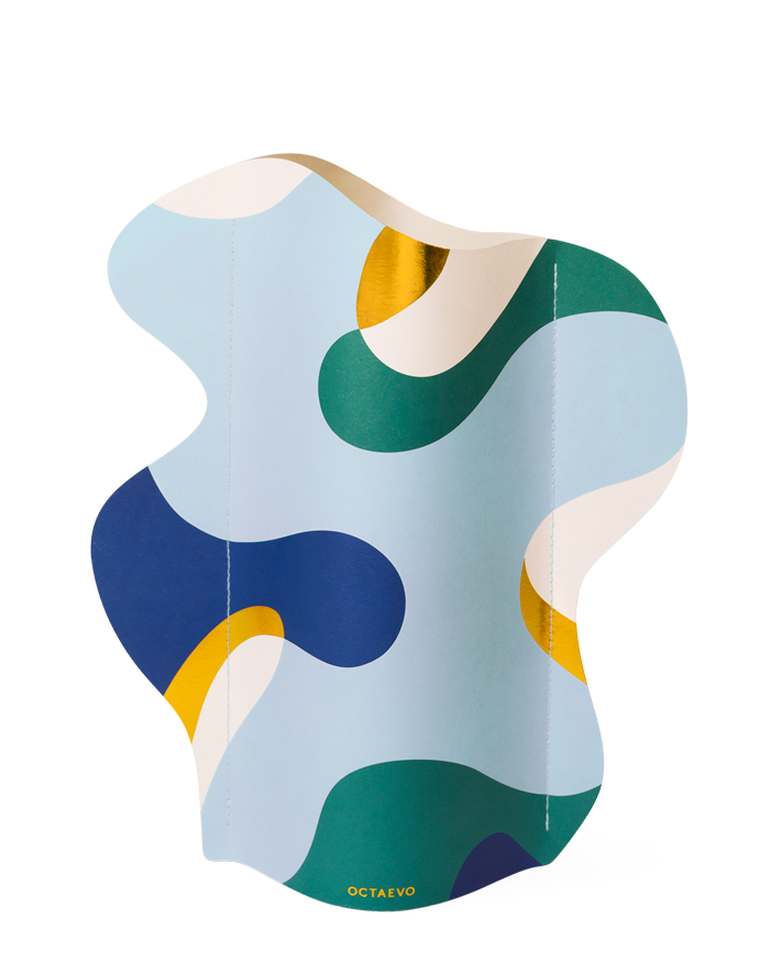 The OCTAEVO Gaia Paper Vase features a curved, water-resistant design with abstract blue, green, gold & white shapes.