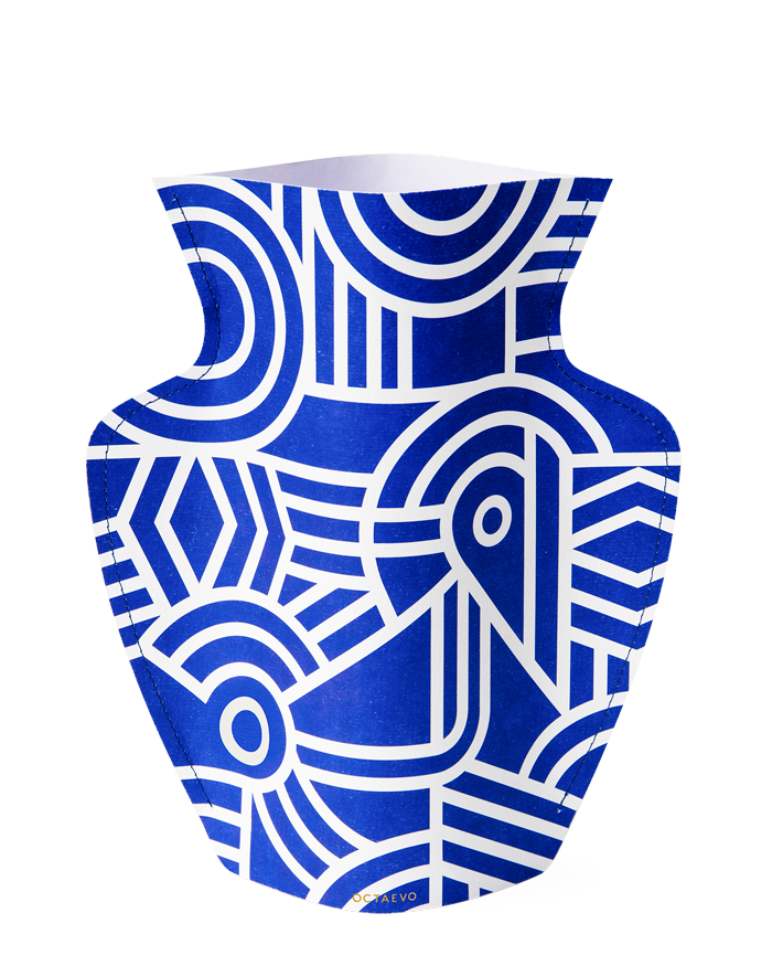 OCTAEVO Greco Paper Vase: blue and white, handcrafted with bold geometric and abstract patterns.