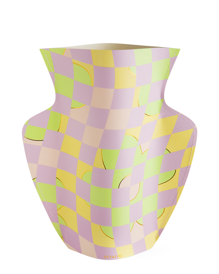 The OCTAEVO Picnic Paper Vase is a handcrafted flat piece with pink, yellow, and green pastel checks on white.