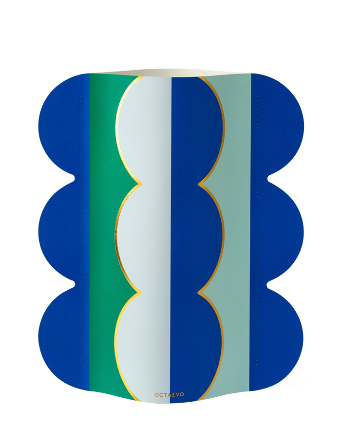 Make a statement with OCTAEVO's Paper Vase Riviera Wave, featuring wavy edges, blue stripes, and gold accents.