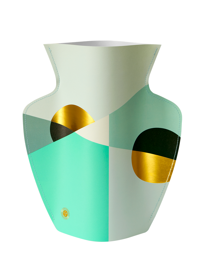 The Siena Paper Vase by OCTAEVO features geometric shapes in teal, white, black, and gold for modern Mediterranean decor.