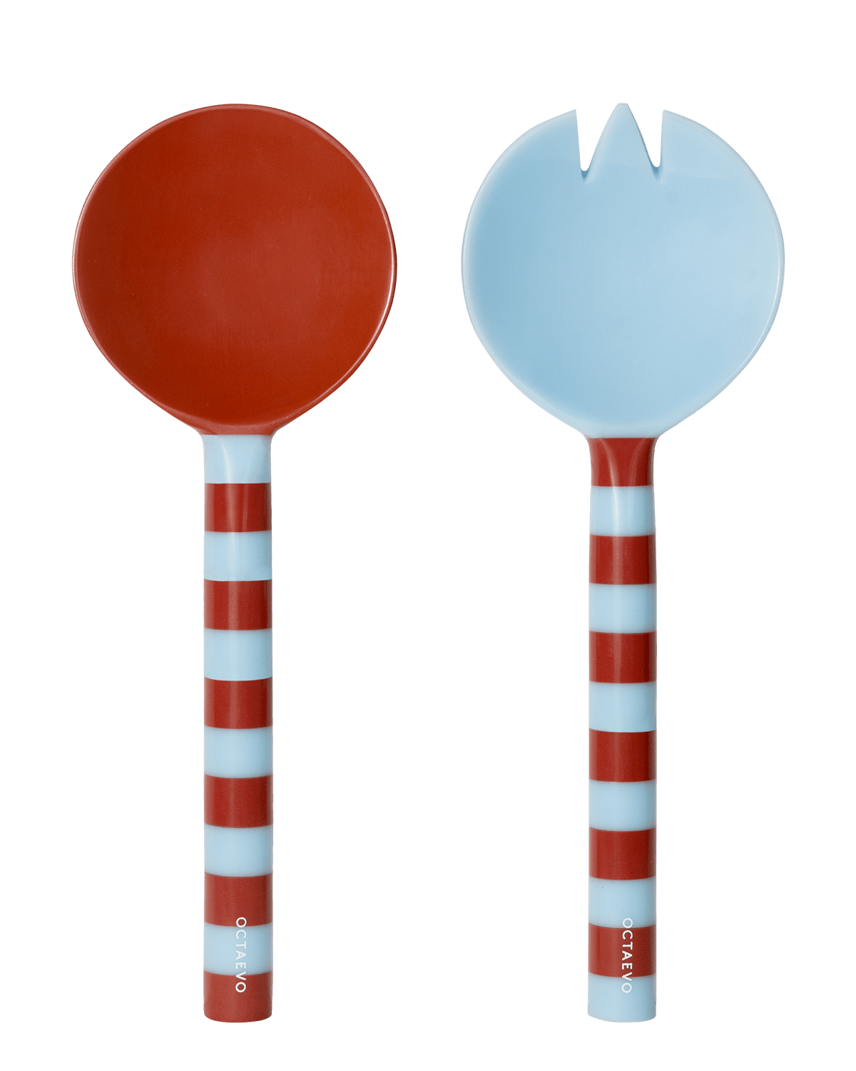 OCTAEVO Salad Servers (Set of 2) with red & light blue handles—ideal for Mediterranean-inspired table settings.