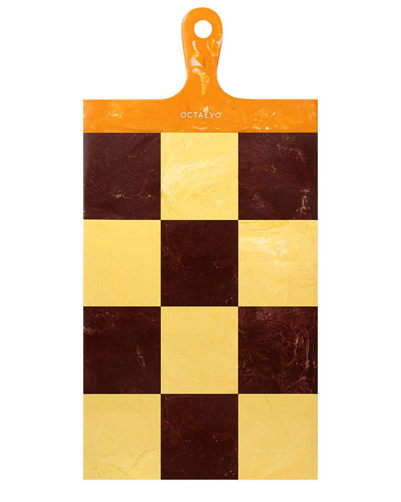 OCTAEVO Serving Board — Mocca and Yellow, handcrafted with handle & top hole for easy hanging.