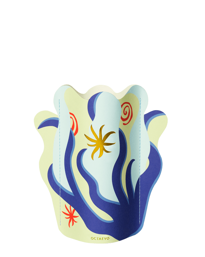 The OCTAEVO Amalfi Mini Paper Vase features abstract blue, yellow, and red shapes on a light background.
