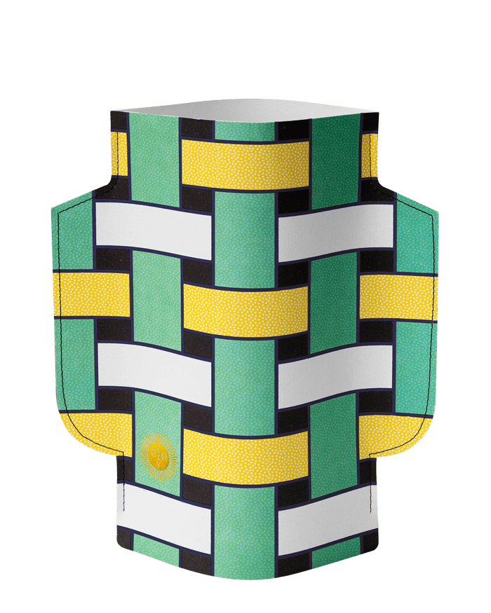 The OCTAEVO Artesania Paper Vase features a colorful geometric green, yellow, black, and white woven pattern.
