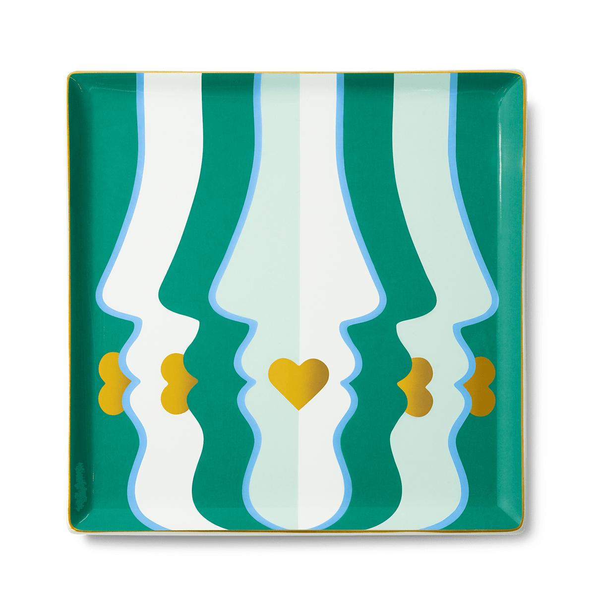 The Beso Ceramic Tray by Octaevo features abstract green, gold, and mint face profiles —ideal for a chic tablescape. 