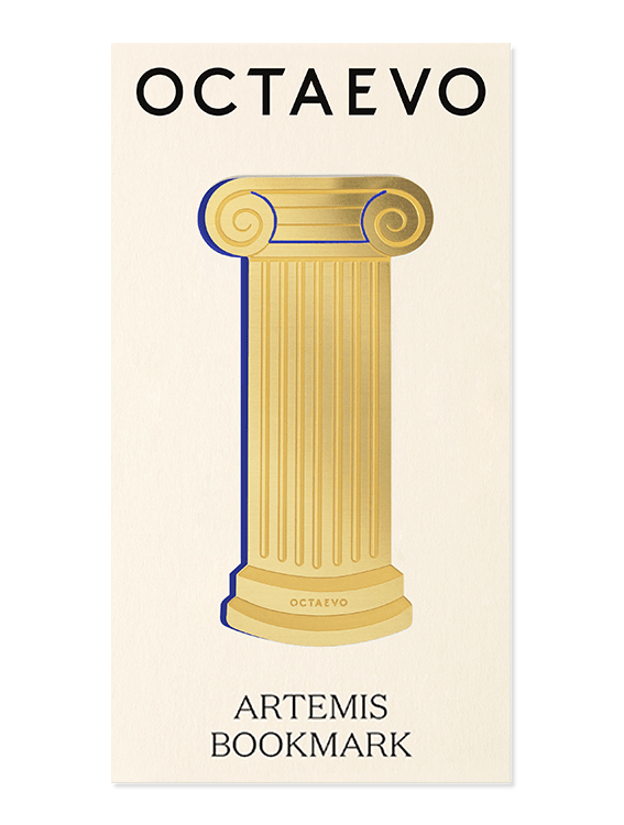 Gold brass Bookmark Artemis by OCTAEVO, shaped like the Greek Temple of Artemis, on a cream card with branding.