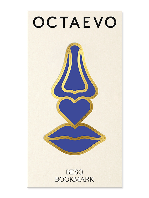 The Bookmark Beso by OCTAEVO features surrealist blue and gold metal shapes, displayed on a stylish white card.