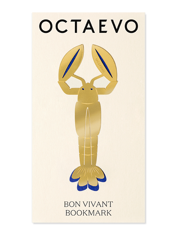Gold lobster-shaped brass Bookmark Bon Vivant by OCTAEVO—presented on a cream card; unique gift idea.