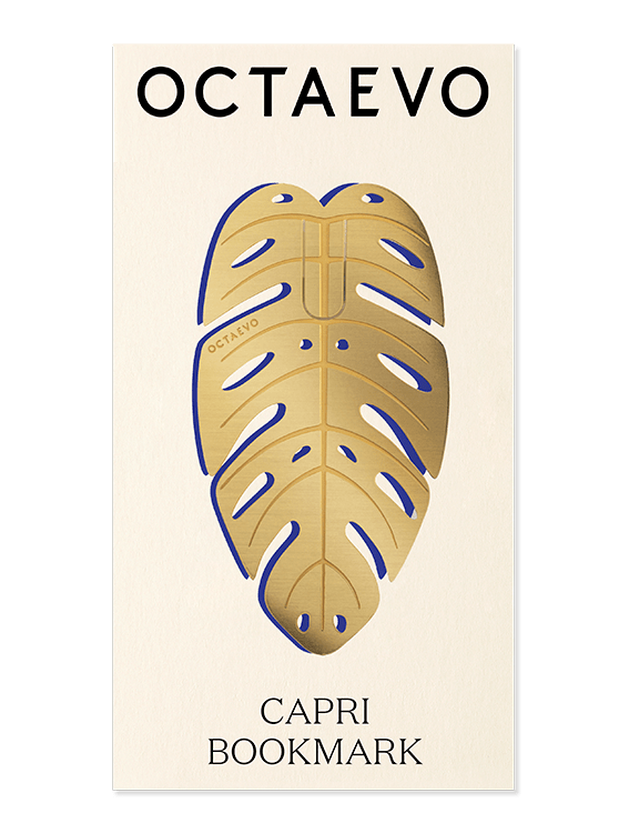 Brass Bookmark Capri by OCTAEVO, finely cut in a monstera leaf shape, inspired by a Mediterranean island.