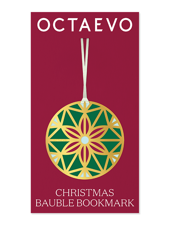 The Octaevo Bookmark Christmas Bauble is a gold and green geometric bookmark on a red holiday ornament card.