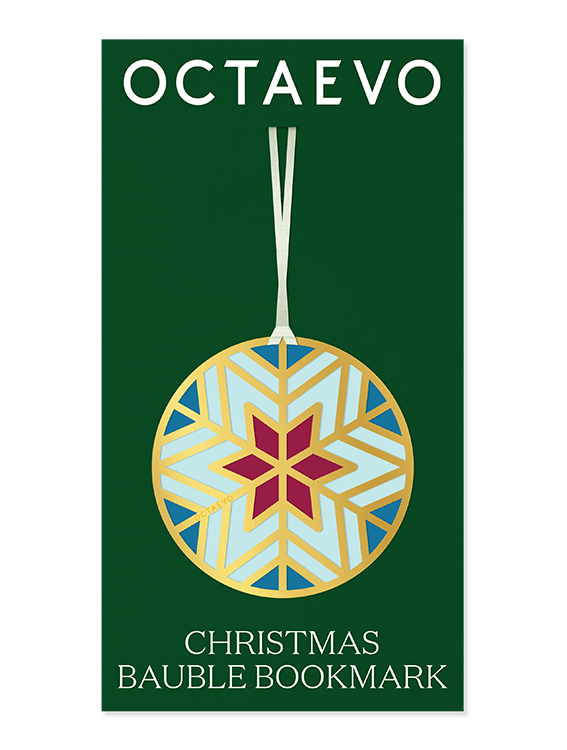 A festive Bookmark Christmas Bauble by Octaevo in gold, blue, and red sits on a green branded card.