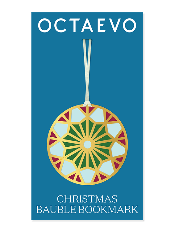 The OCTAEVO Bookmark Christmas Bauble in gold, green, and red on blue packaging—ideal as a festive ornament.
