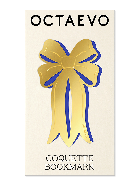 Elegant brass ribbon-shaped Bookmark Coquette by OCTAEVO with a blue outline on a cream brand card.