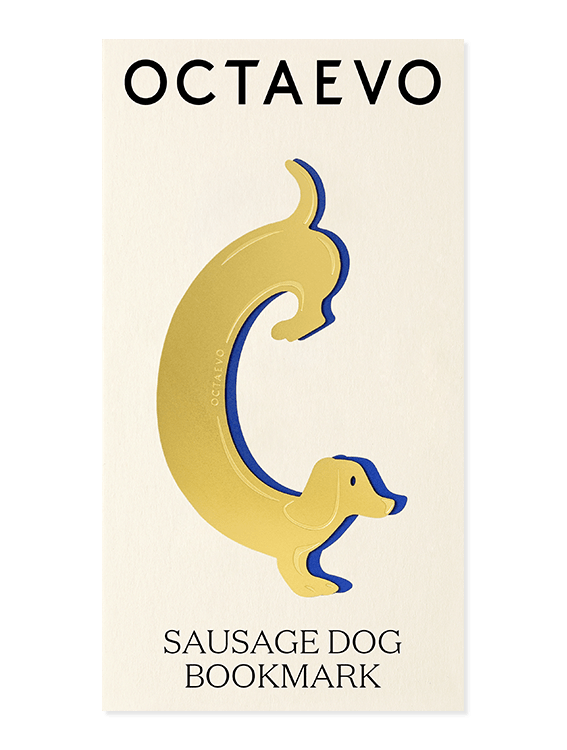 Bookmark Sausage Dog by OCTAEVO—gold brass on cream card with black print.