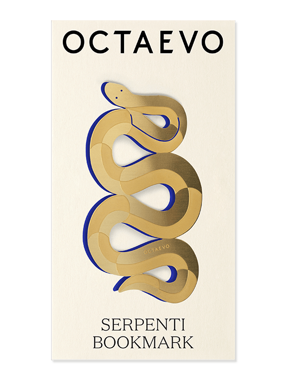 Gold and blue serpent-shaped brass bookmark by OCTAEVO, Bookmark Serpenti, inspired by Greek mythology.