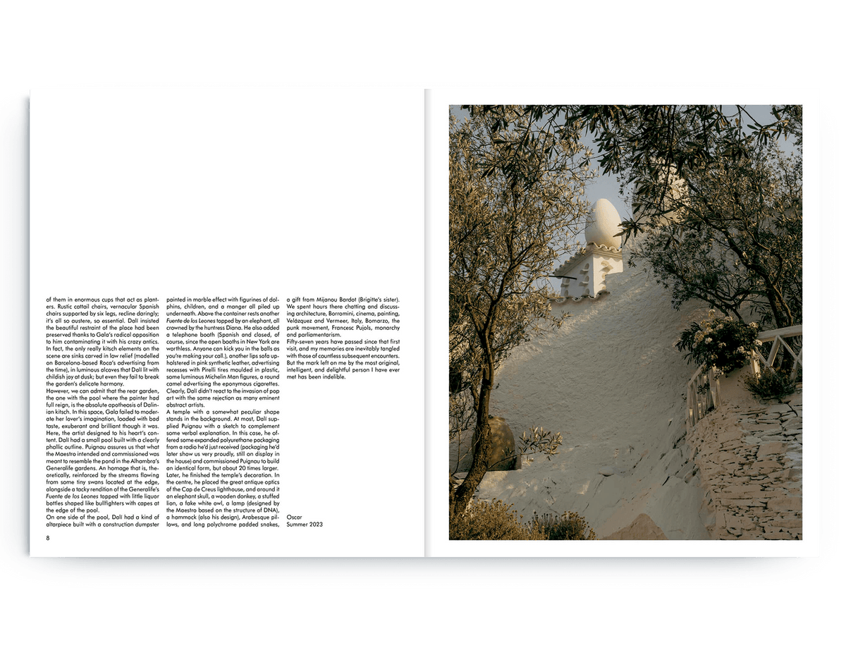 A book spread from Casa Dalí by Coco Capitán pairs text with Dalí’s sunlit Costa Brava home on the right.