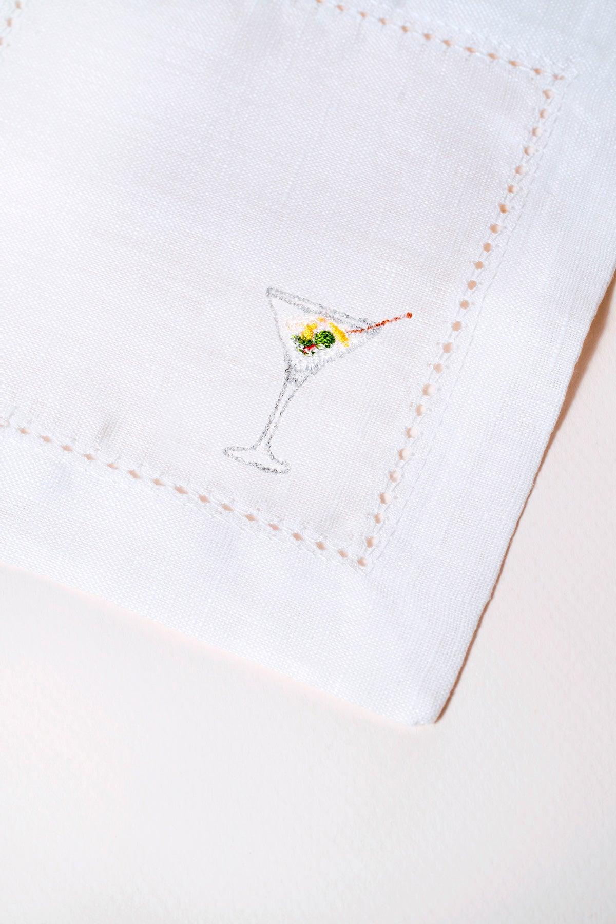 Octaevo Cocktail Napkin Martini Set of 2: White eco linen napkins with embroidered olive martini glass in the corner.