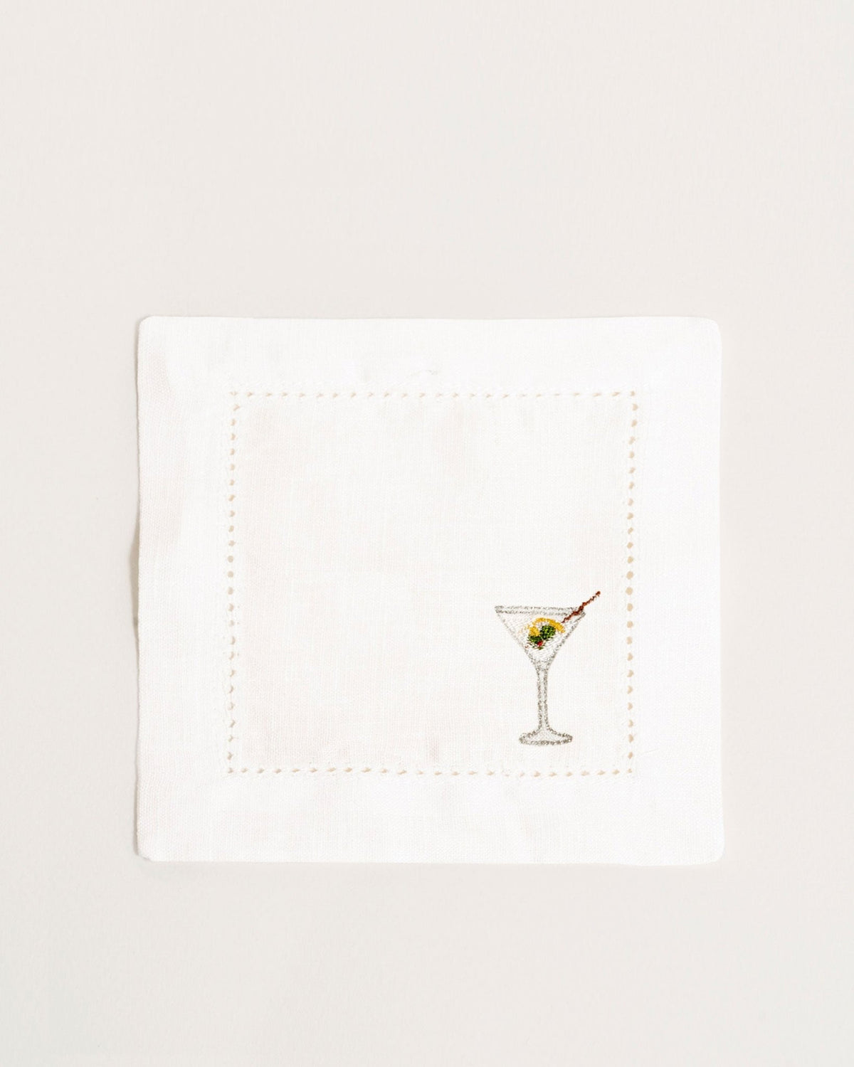 Octaevo’s Cocktail Napkin Martini, Set of 2—white eco-friendly linen with embroidered martini glass and olive.