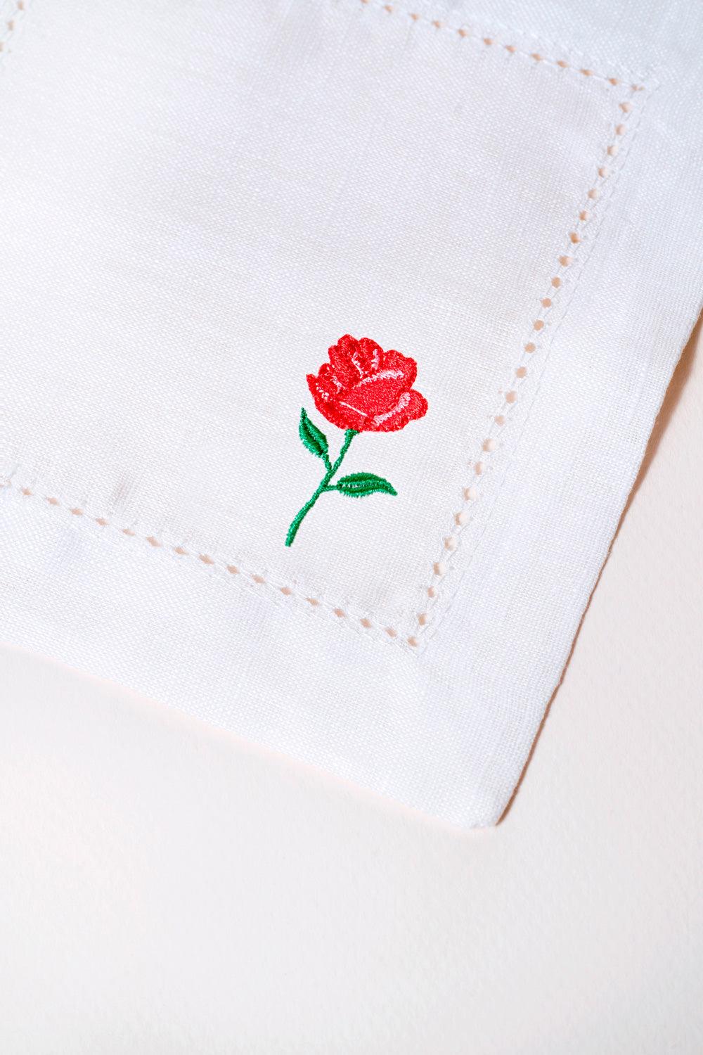 Octaevo Cocktail Napkin Rose, Set of 2: white linen, red rose & stem embroidery, reusable for any occasion.