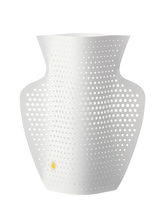 The Cyano Paper Vase by OCTAEVO, white with perforated holes, is shaped like a Mediterranean vase.