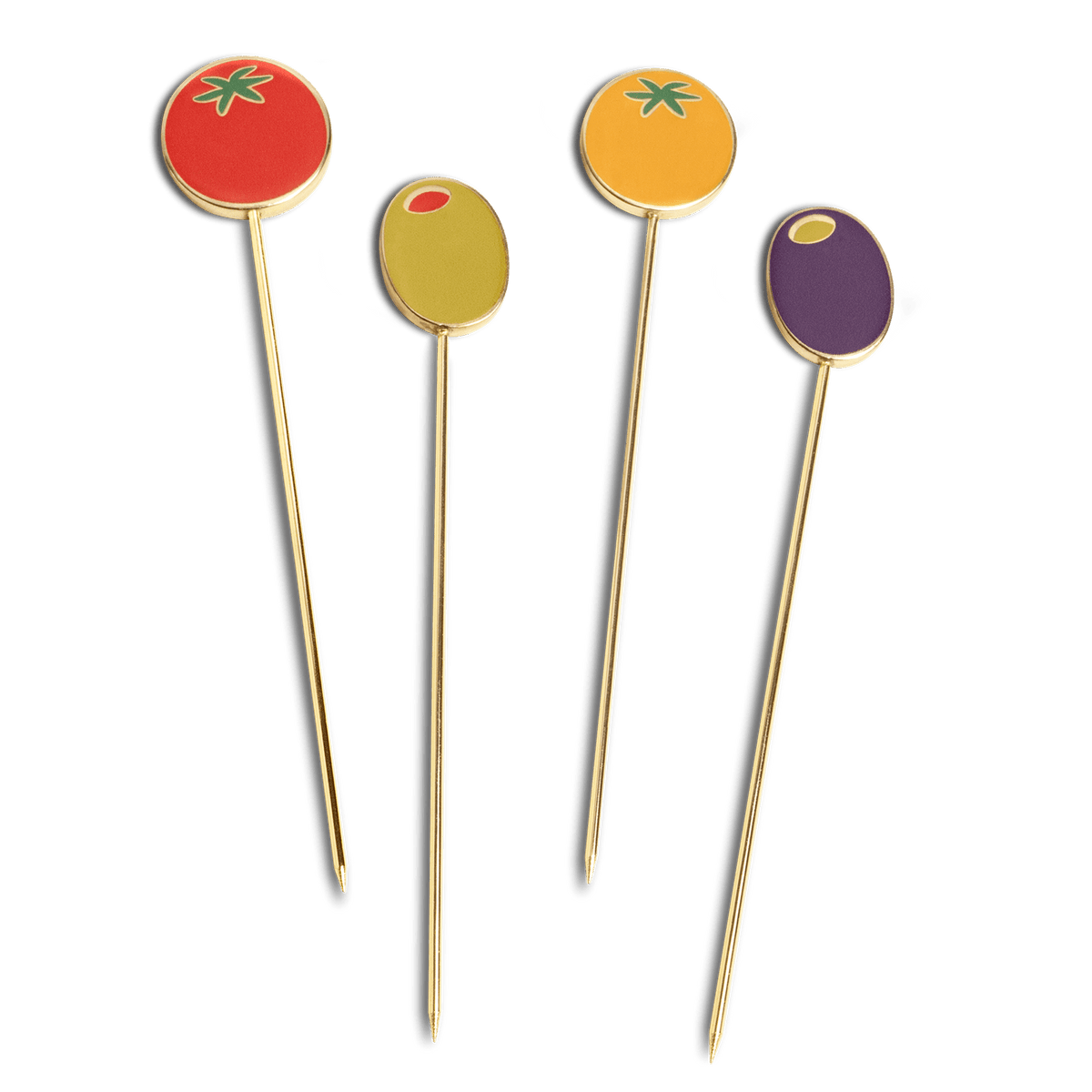 Octaevo Dolce Vita Cocktail Picks: Set of 4 gold-plated picks with enamel tomato and olive tops; stylish for appetizers.