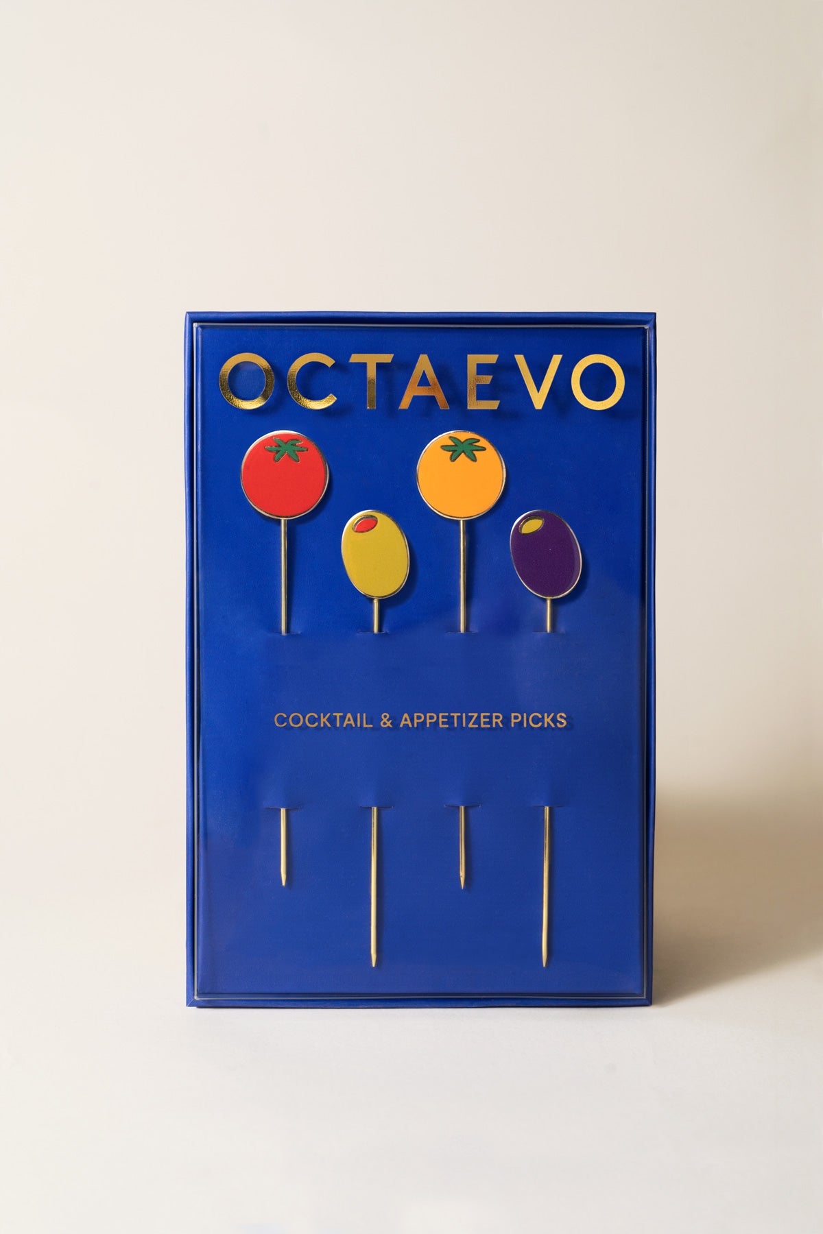 OCTAEVO Dolce Vita Cocktail Picks (Set of 4), gold-plated, with Mediterranean fruit and vegetable designs.