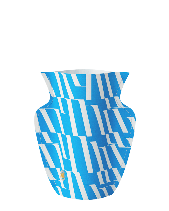 The OCTAEVO Domus Mini Paper Vase features a blue and white geometric design, ideal for Mediterranean decor.