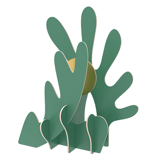 The Earth Paper Sculpture by Octaevo features abstract green shapes with curved edges and a central golden sun.