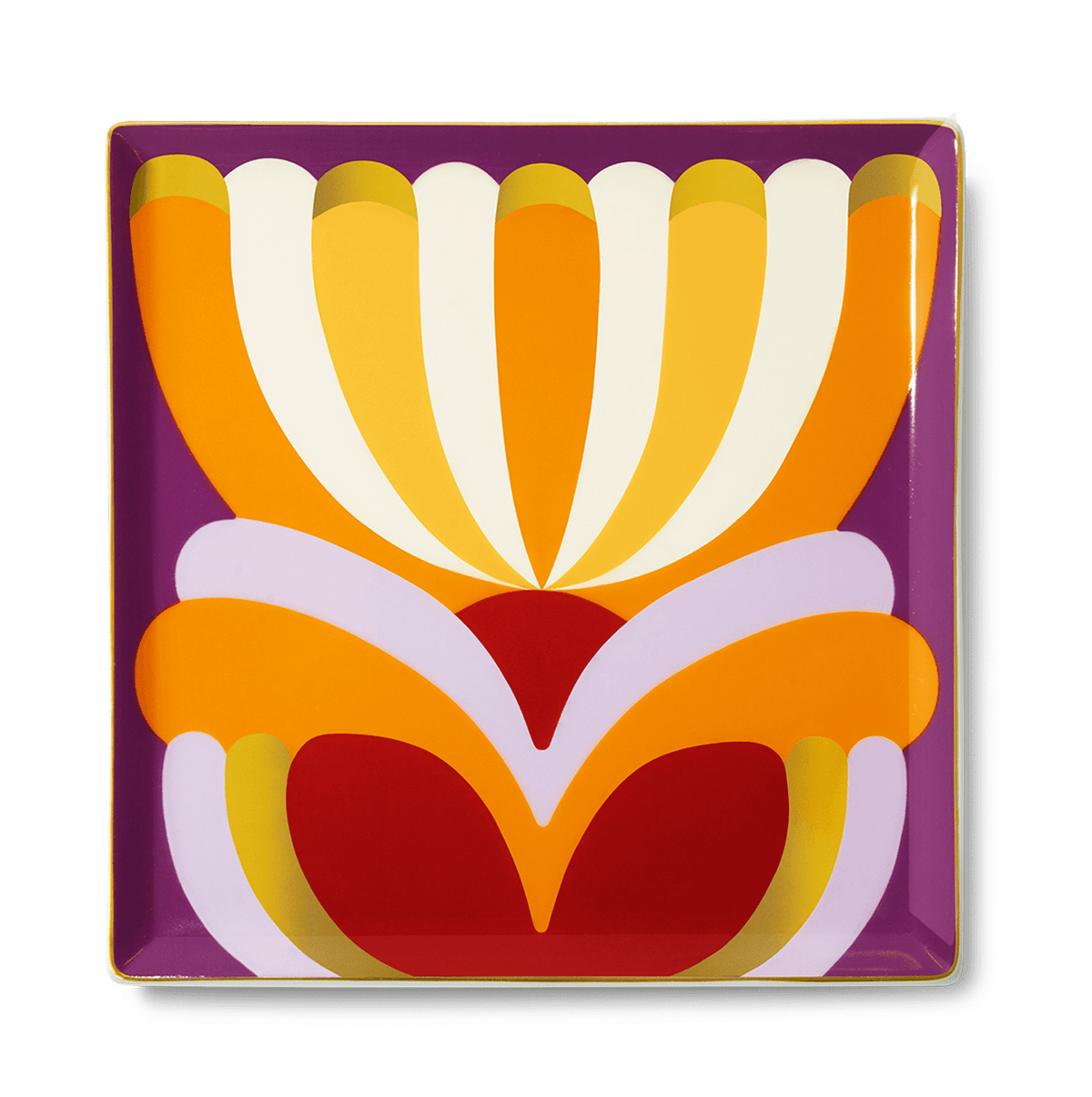 Octaevo Elysia Ceramic Tray with a bold abstract floral design in vibrant hues on a purple background.