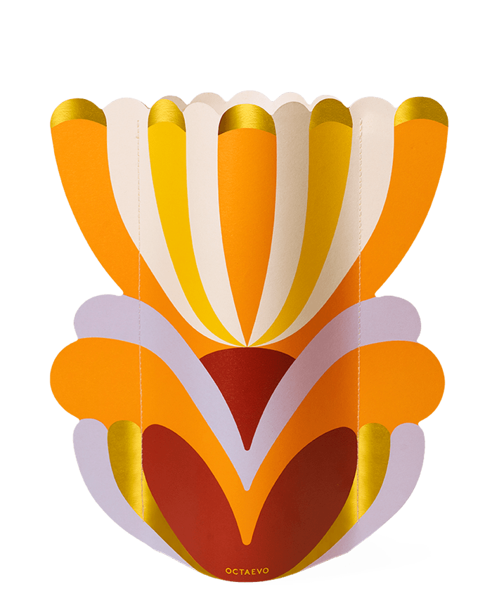 The Elysia Paper Vase by OCTAEVO features colorful, abstract floral design with gold petals on a white background.