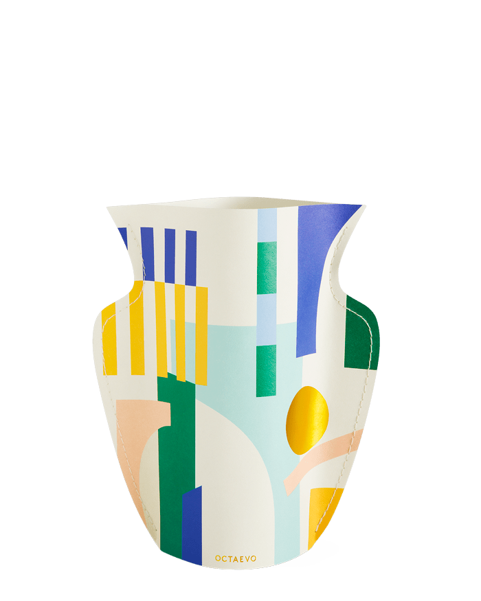 OCTAEVO Emporio Mini Paper Vase: Handcrafted, geometric design in yellow, blue, green & gold on white background.