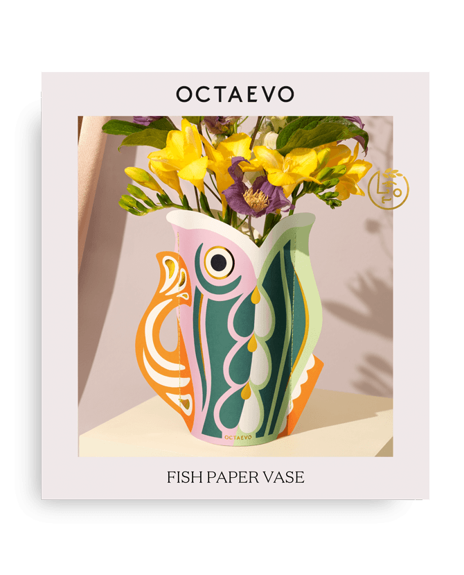 Octaevo Fish Mini Paper Vase retail packaging showing Mediterranean fish design and product branding