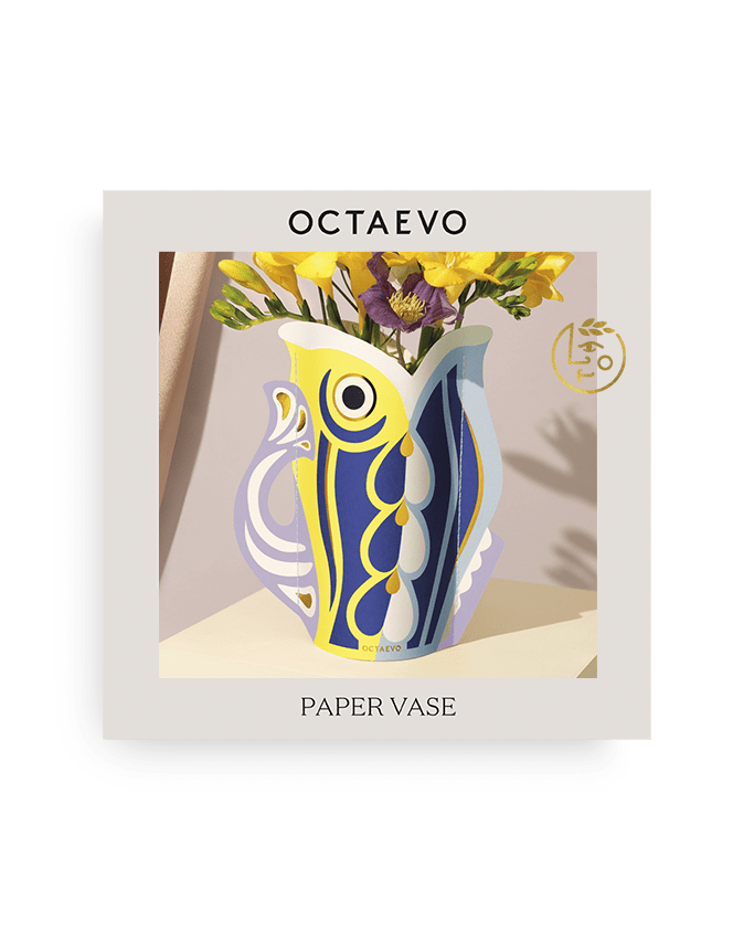 Colorful handcrafted Fish Mini Paper Vase in purple by OCTAEVO, featuring an abstract blue, yellow, and white design.