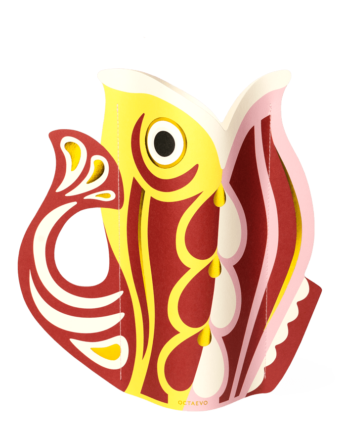 The Fish Paper Vase by OCTAEVO in red is a colorful, abstract centerpiece inspired by the Mediterranean.