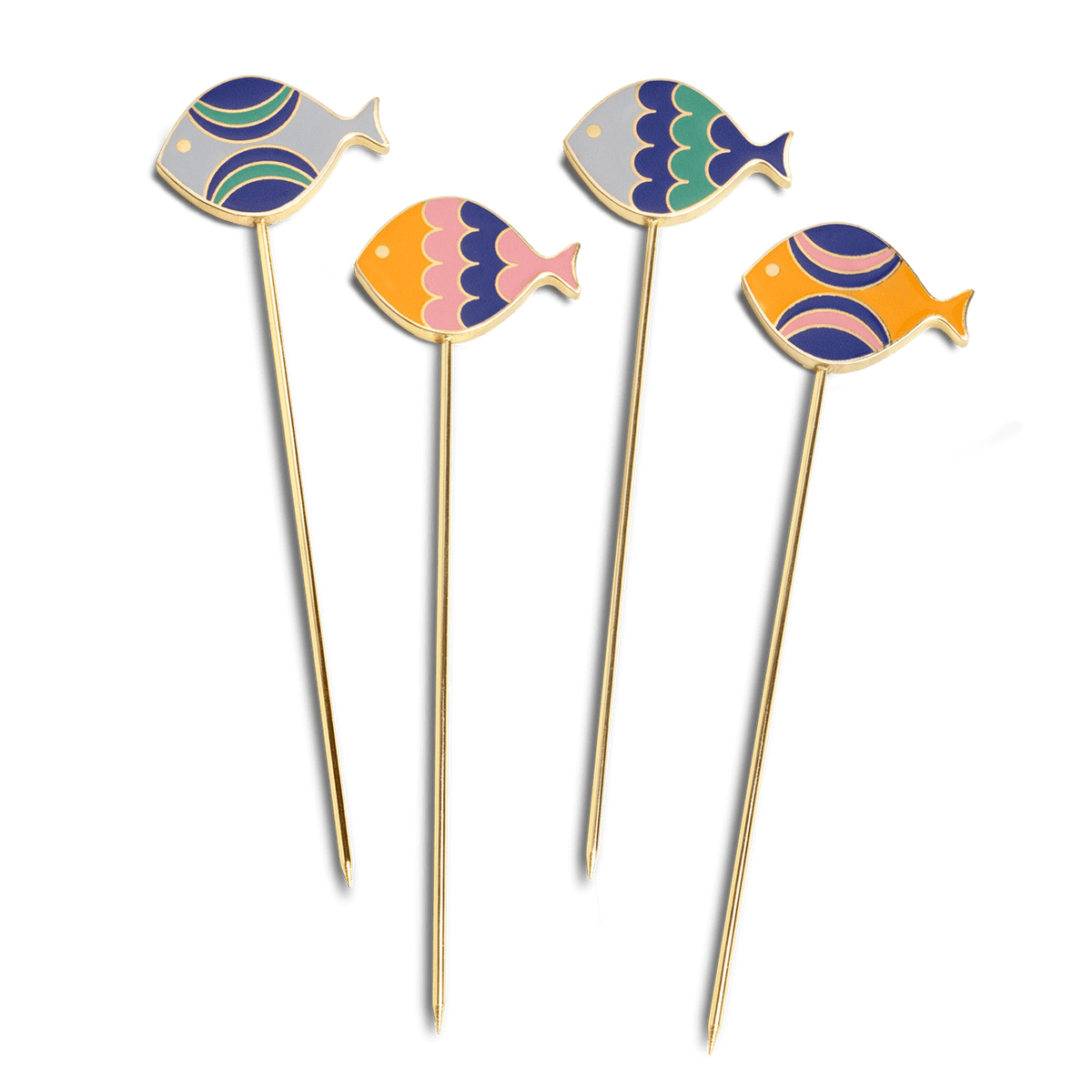 Octaevo’s Fish Splash Cocktail Picks (Set of 4) feature gold plating and fish tops in blue, pink, purple, and orange.