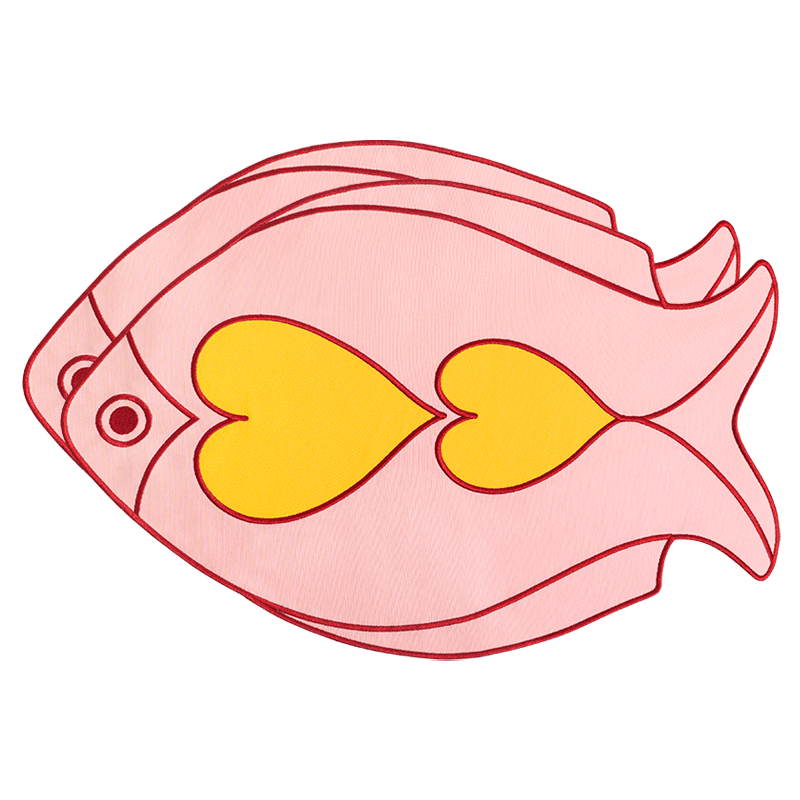 OCTAEVO Fish Splash Placemats (Set of 2) feature in pink fish with red outlines and yellow hearts—great for Mediterranean dining.
