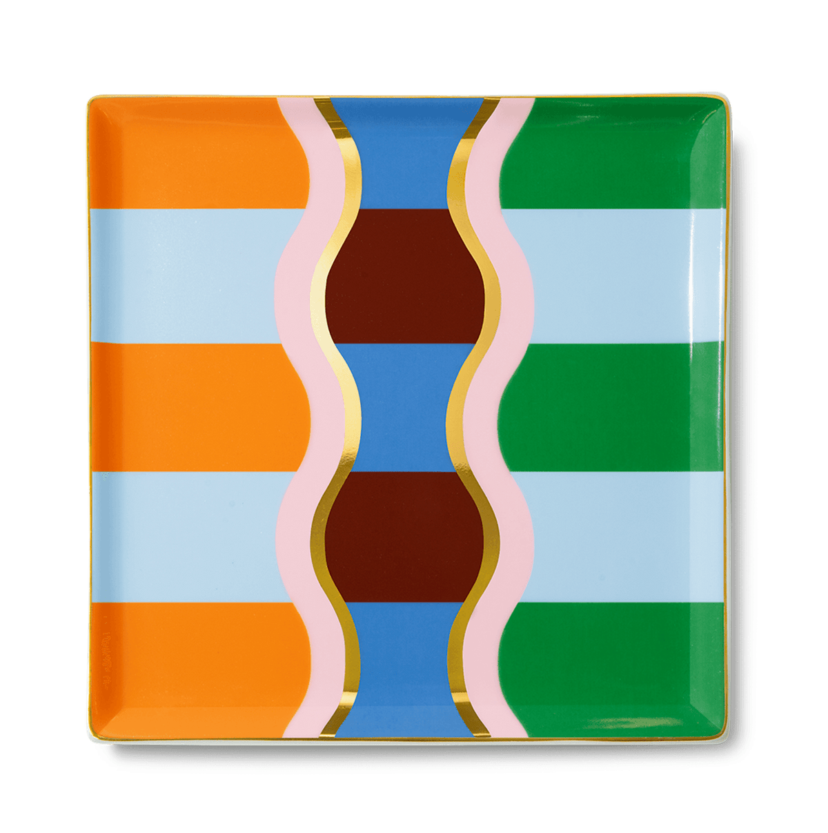 The Giza Ceramic Tray by OCTAEVO features wavy gold, pink, and brown lines—an Egyptian-inspired stylish gift.
