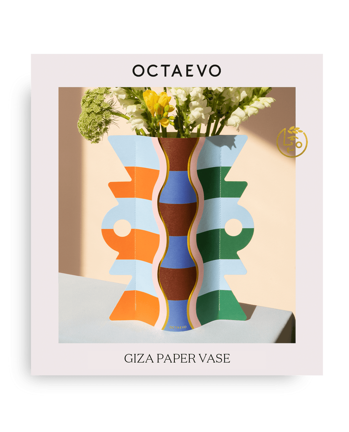 The Giza Paper Vase by OCTAEVO is water-resistant and features wavy blue, orange, green, and brown geometric patterns.