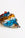 Octaevo Glass Conch Shell Sculpture features hand-blown colorful glass with blue, amber, and red swirls on white.