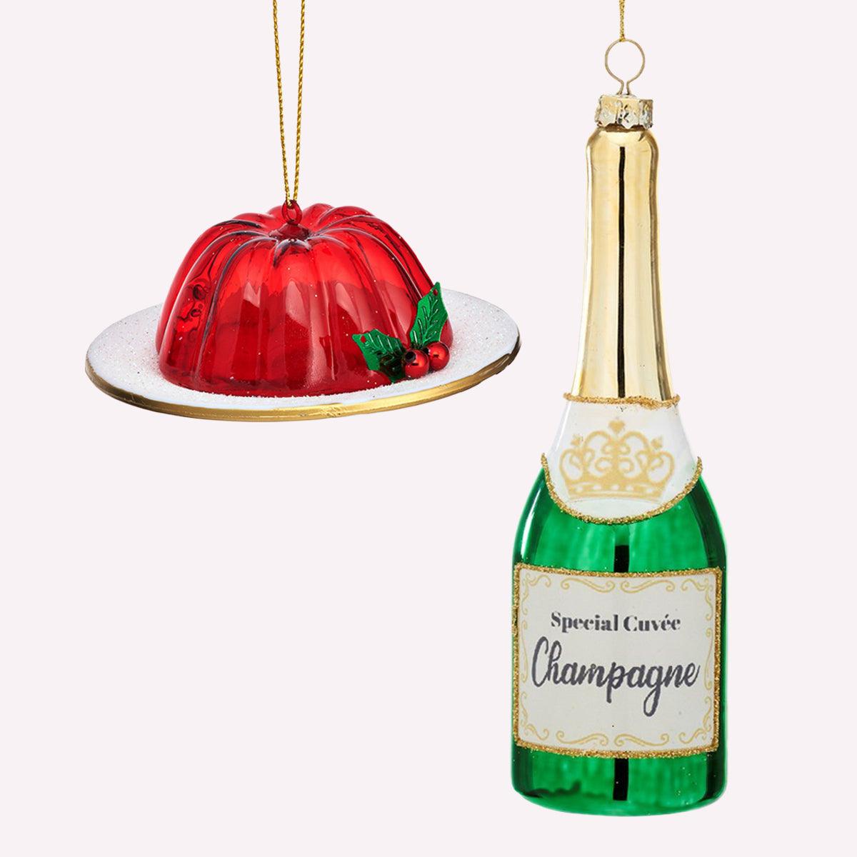 Octaevos Gourmet Sparkle Baubles (Pack of 2): a red gelatin dessert & a green Champagne bottle ornament set.